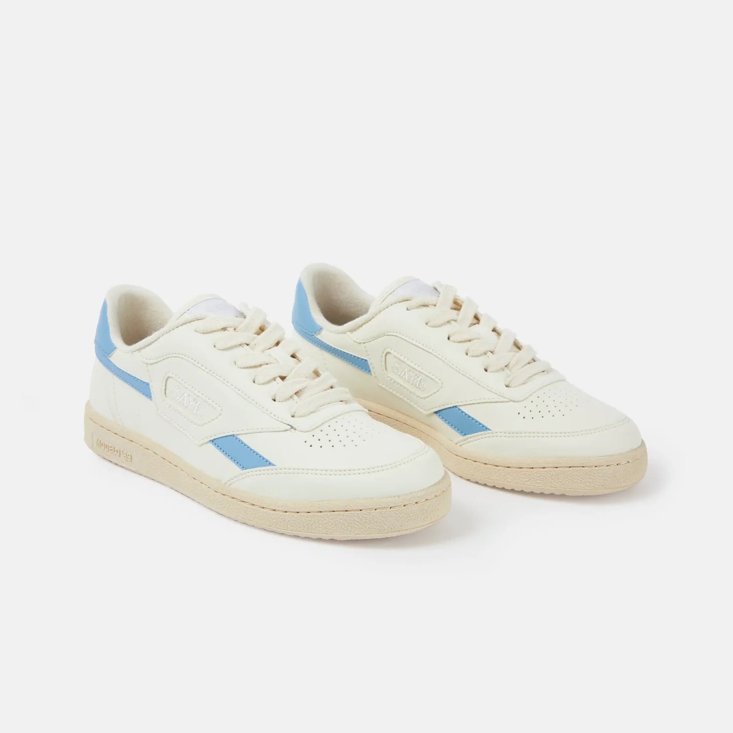 Off white sneakers with light blue side detail