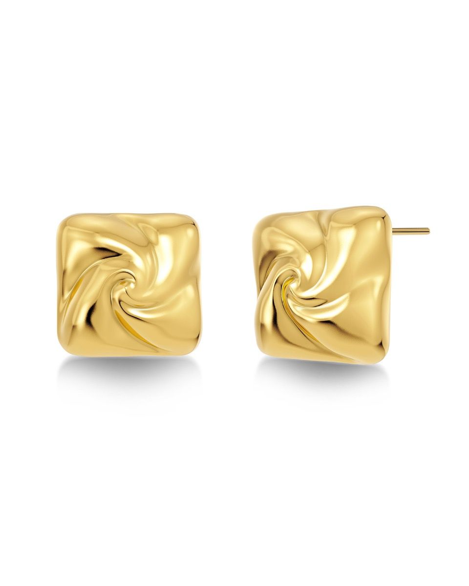 The Milky Way Studs S by EDBLAD are gold square statement studs featuring a swirled, polished design with 14K gold plating.