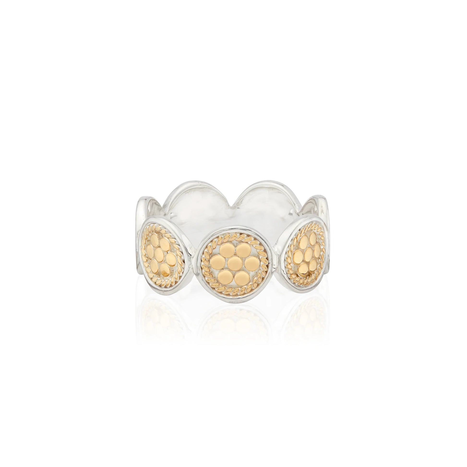 Introducing the Anna Beck Classic Multi-Disc Ring - Gold, a sterling silver piece with scalloped edges that showcases circular gold accents adorned with a unique honeycomb pattern, symbolizing an endless connection.