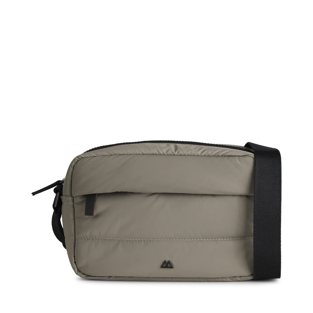 Gray Markberg Ophelia Crossbody Bag - Taupe with black strap isolated on a white background.