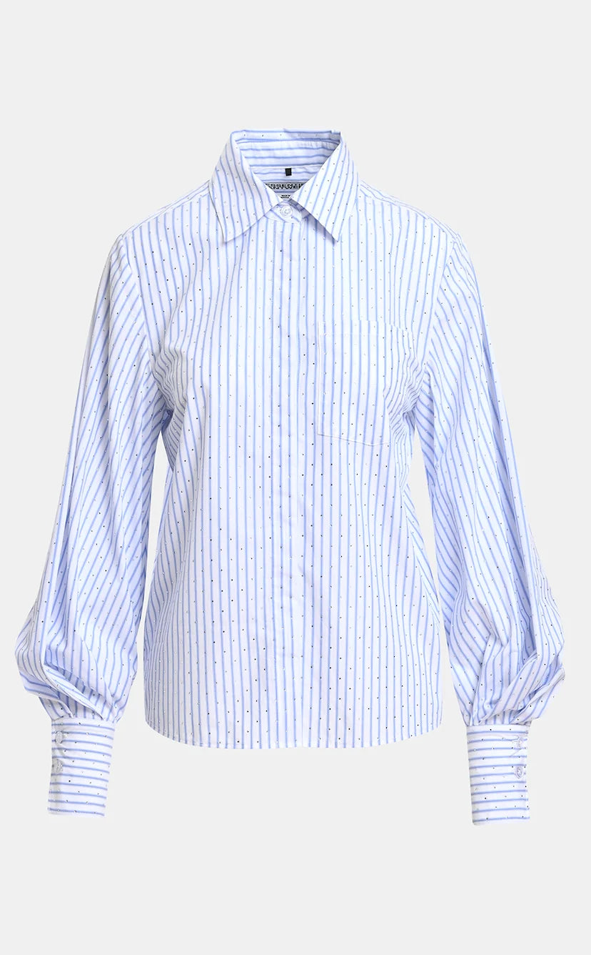 Elevate your everyday wardrobe with the Essentiel Antwerp Kalmia Embellished Shirt in off white, featuring a collar, front pocket, and balloon sleeves for an effortlessly chic look. This oversized cotton blouse combines comfort and style with its light blue and white vertical stripes.