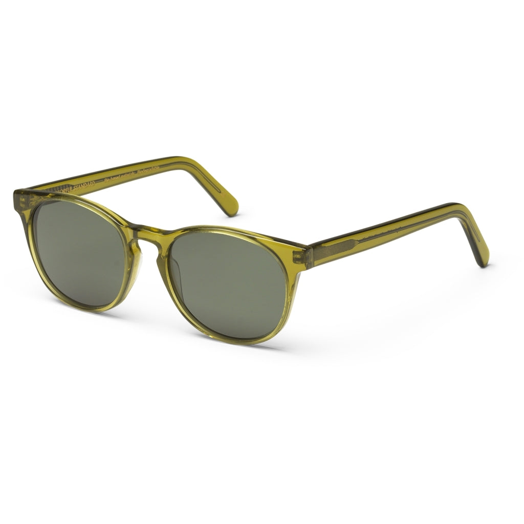 A pair of Sunglass 15 - Seaweed Green sunglasses by Colorful Standard with UV400 protection and dark lenses on a white background.
