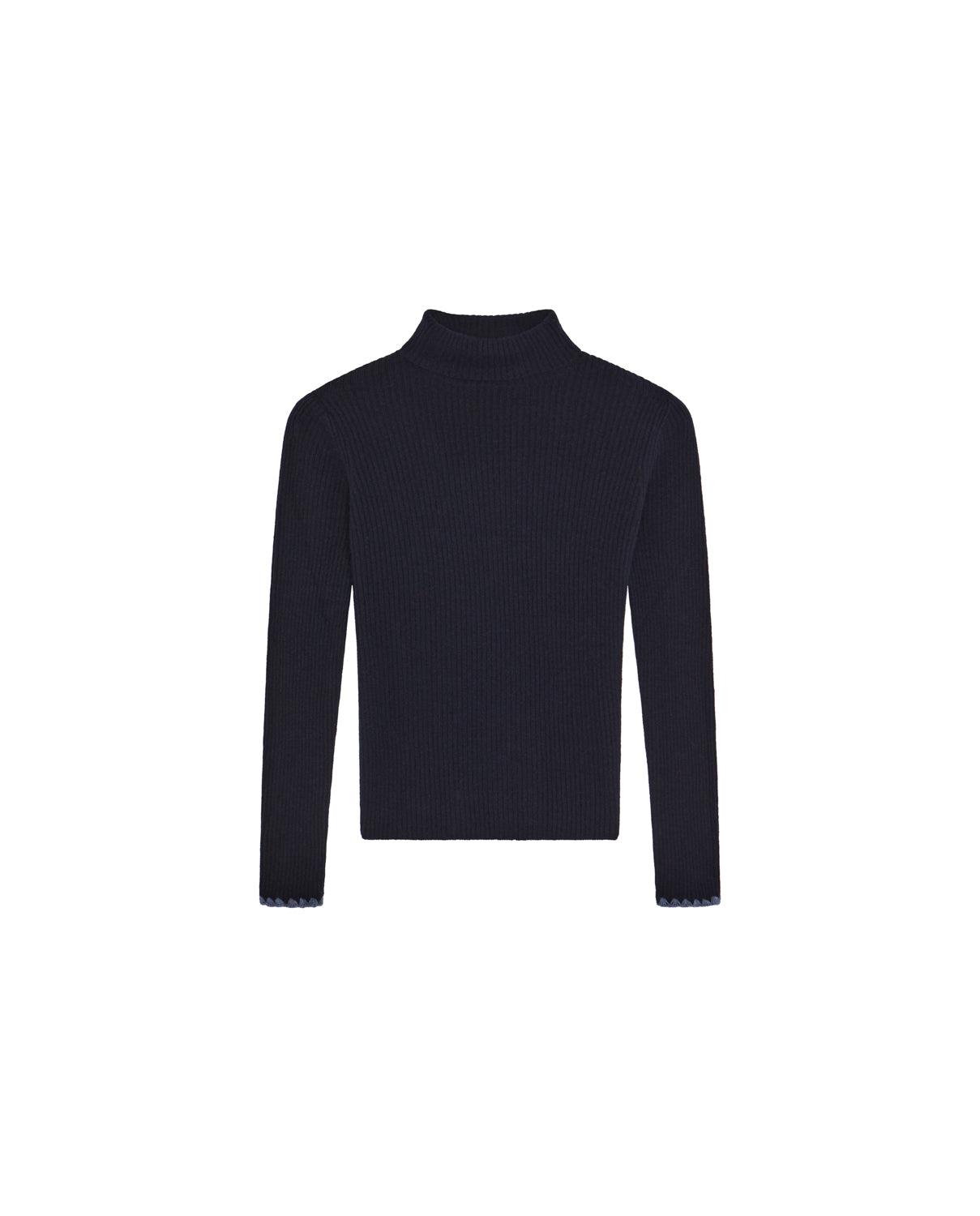 A plain navy, long-sleeve Dolcevita Sweater by Maison Hotel with a high mock neck and ribbed knit texture is displayed on a white background.
