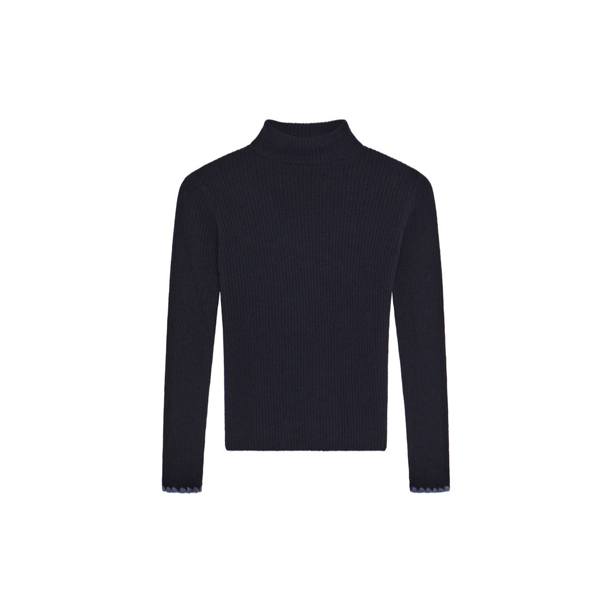 A plain navy, long-sleeve Dolcevita Sweater by Maison Hotel with a high mock neck and ribbed knit texture is displayed on a white background.