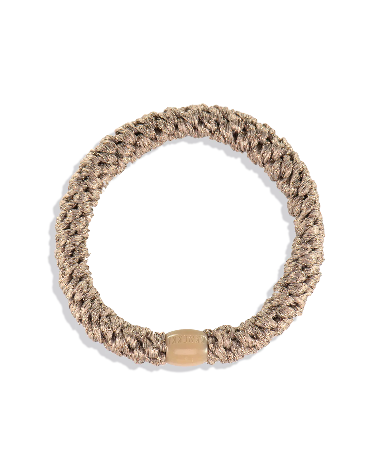 The KKNEKKI Hair Tie - Original in tan features a gentle grip, braided design, and a small cylindrical clasp, shown on a plain white background.