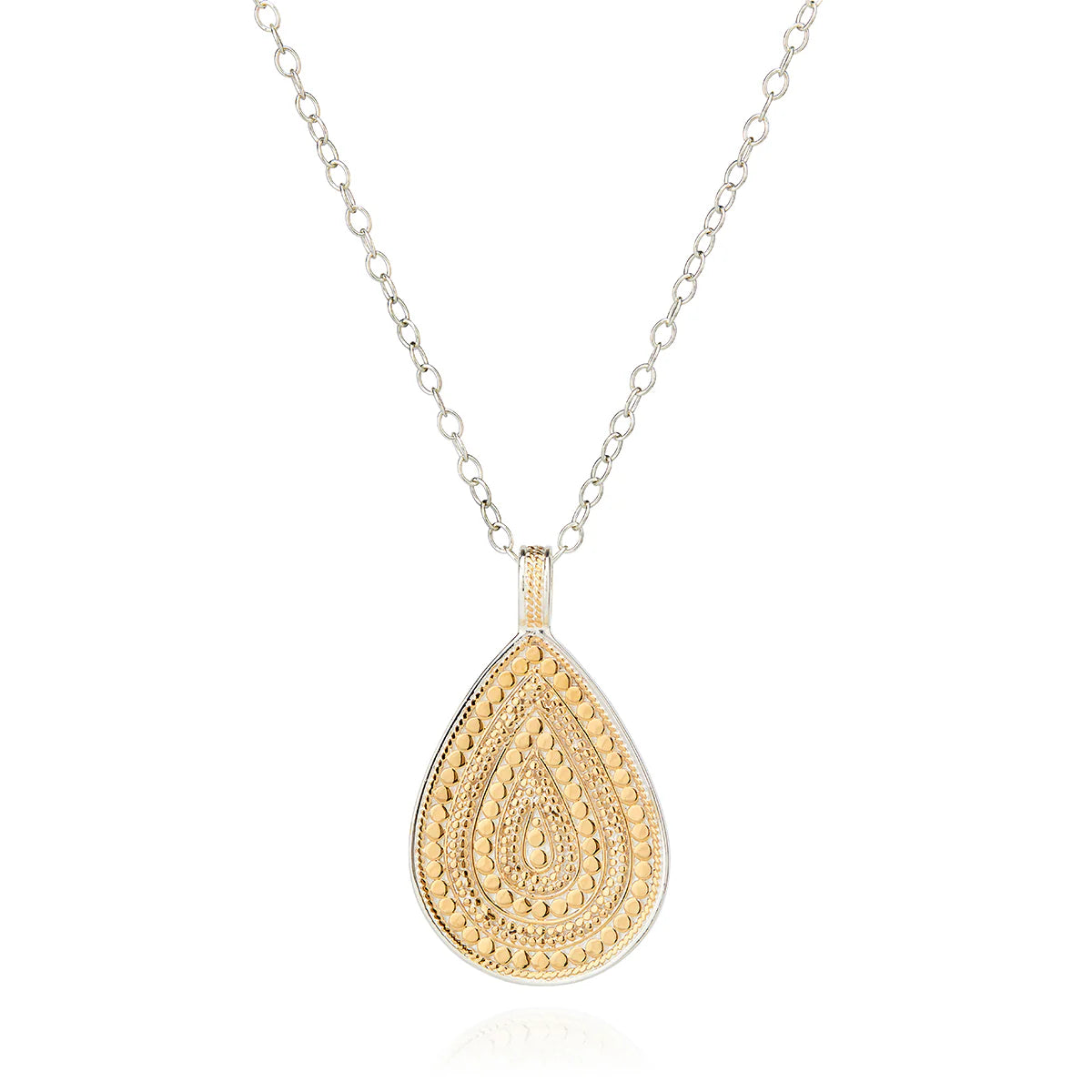 The Classic Large Teardrop Necklace - Reversible by Anna Beck features intricate gold detailing on a delicate sterling silver chain.