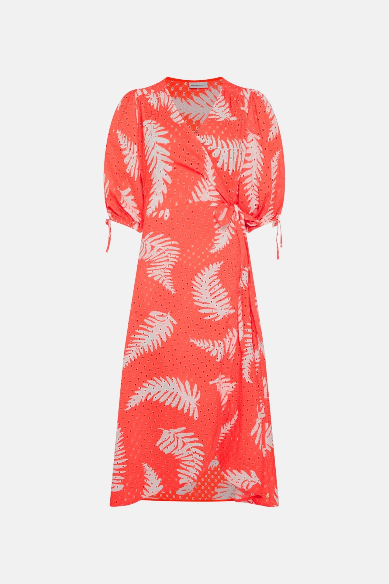 A Fabienne Chapot Charlie Broderie Dress - Hot Coral made of 100% GOTS-certified cotton, featuring a v-neckline and a red and white fern print.