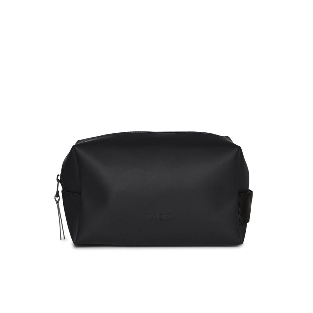 small matte black washbag with zip closure and webbed side handle 