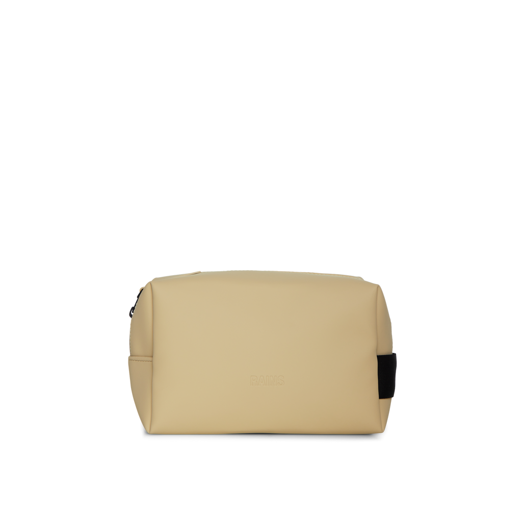 small matte sandy coloured washbag with zip closure and webbed side handle 