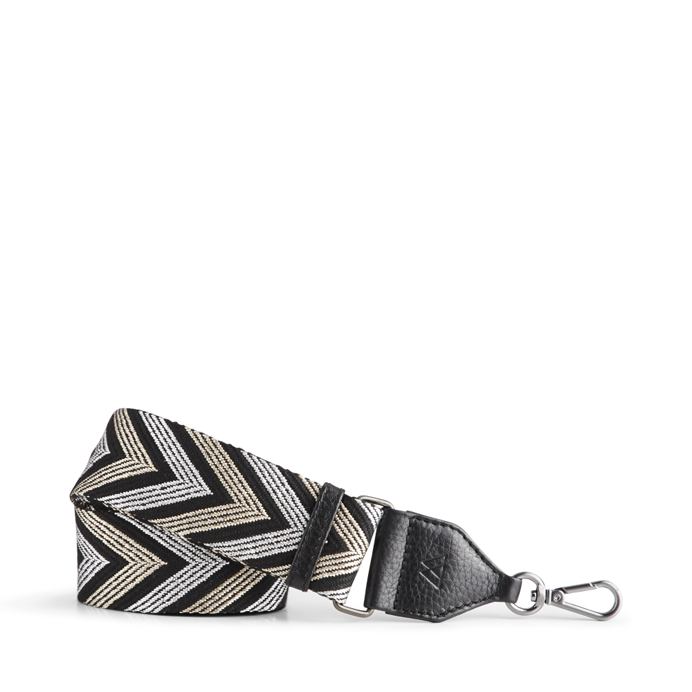 An adjustable Maisey Guitar Bag Strap - Black/Gold/Silver with a silver buckle, perfect for Markberg Bags.