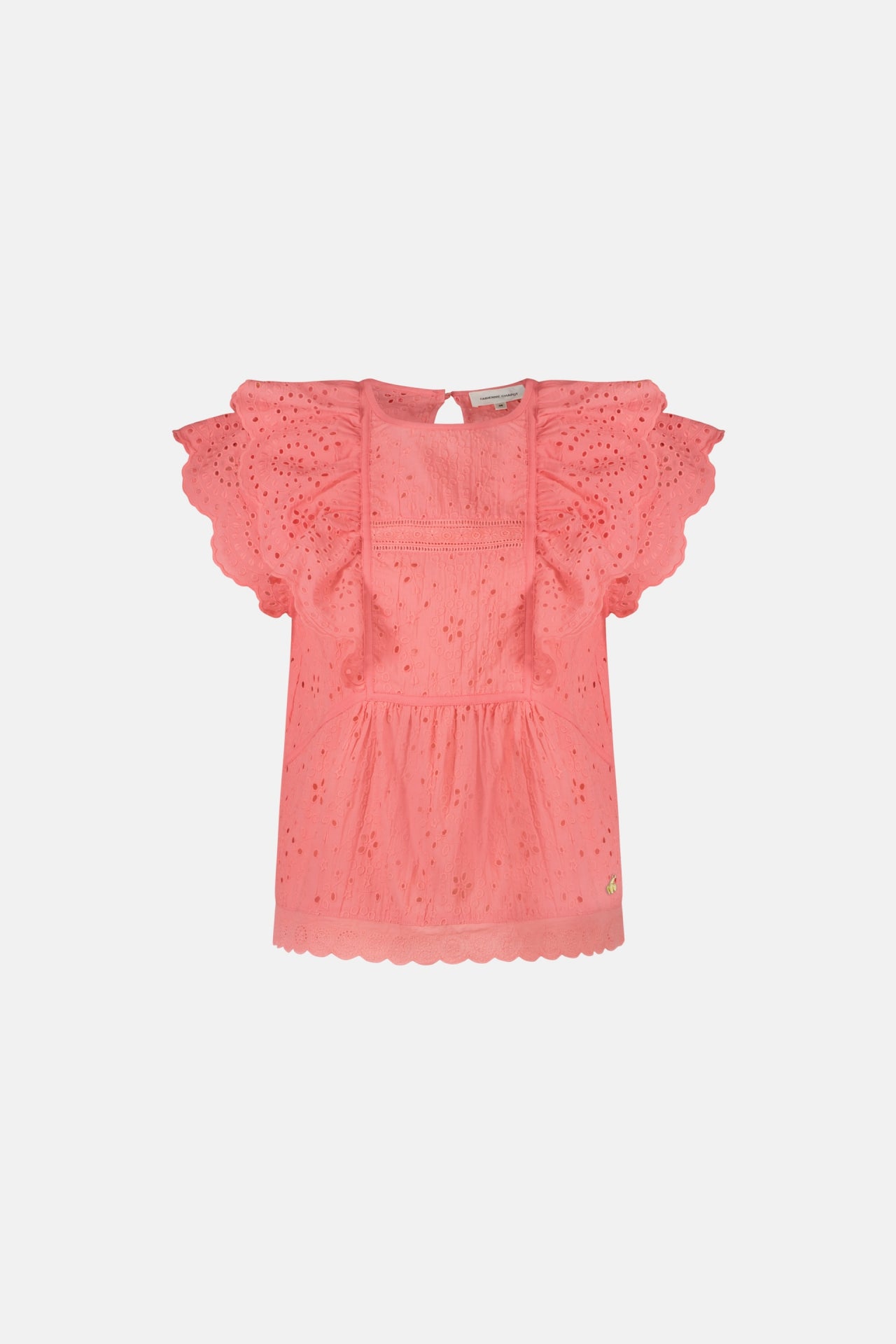 A Gigi Top - Pink Papaya blouse with ruffles and frills made from organic cotton by Fabienne Chapot.