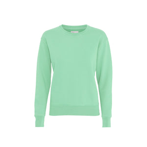 Organic cotton slim fit sweater in seafoam green against white backdrop  