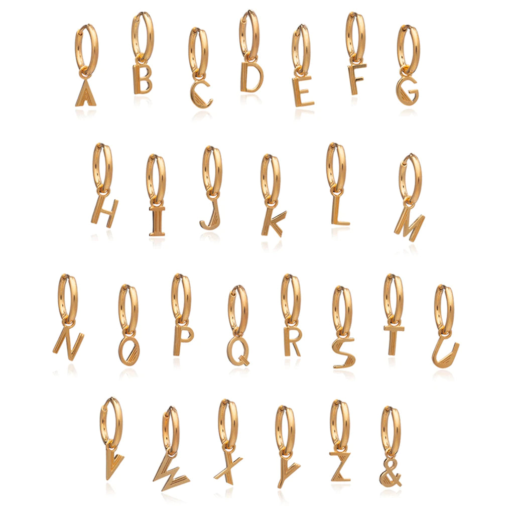 A stunning collection of Rachel Jackson London's Art Deco Initial Hoop - Gold, elegantly crafted in gold-plated finish, featuring the intricate initials for a personalized touch.