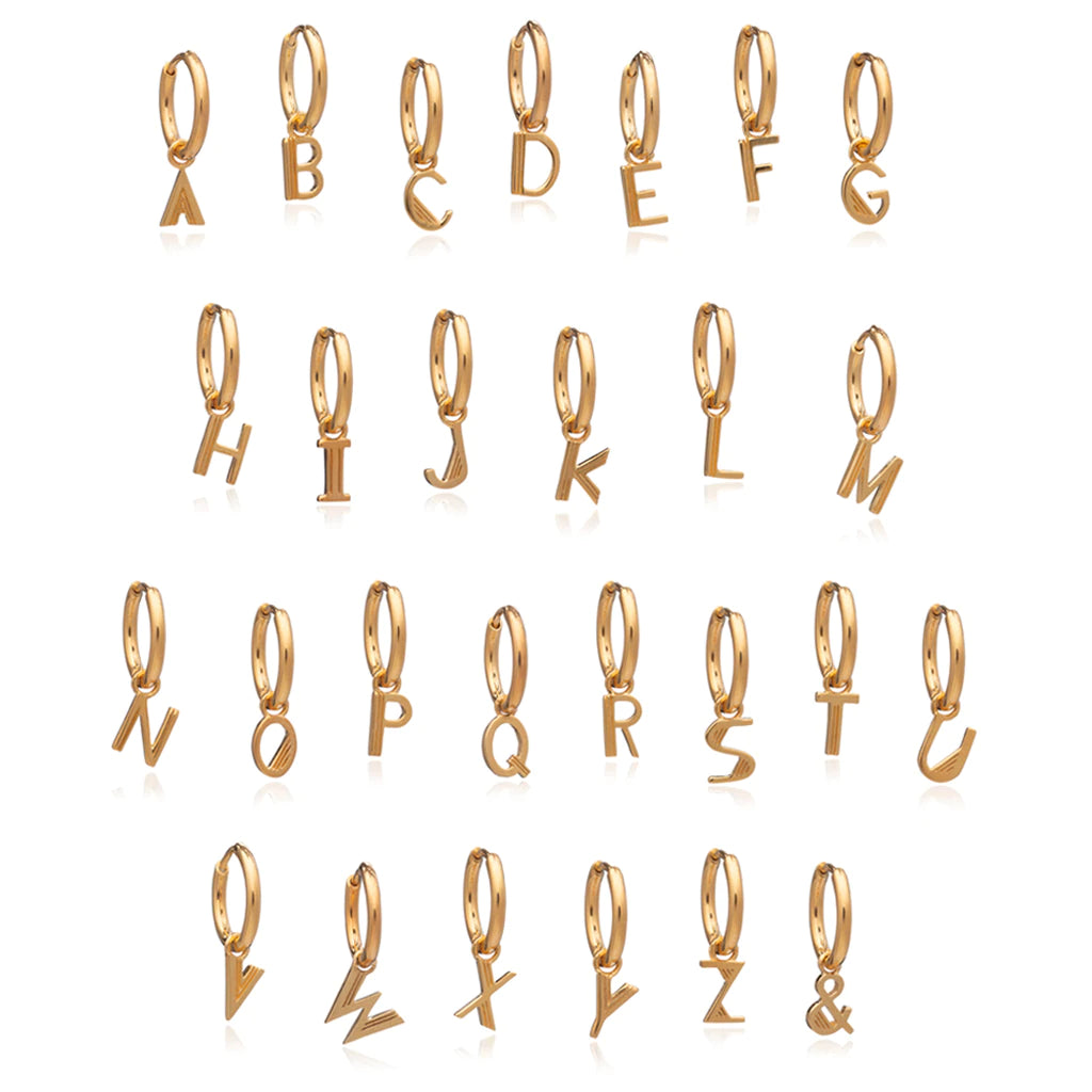 A stunning collection of Rachel Jackson London's Art Deco Initial Hoop - Gold, elegantly crafted in gold-plated finish, featuring the intricate initials for a personalized touch.