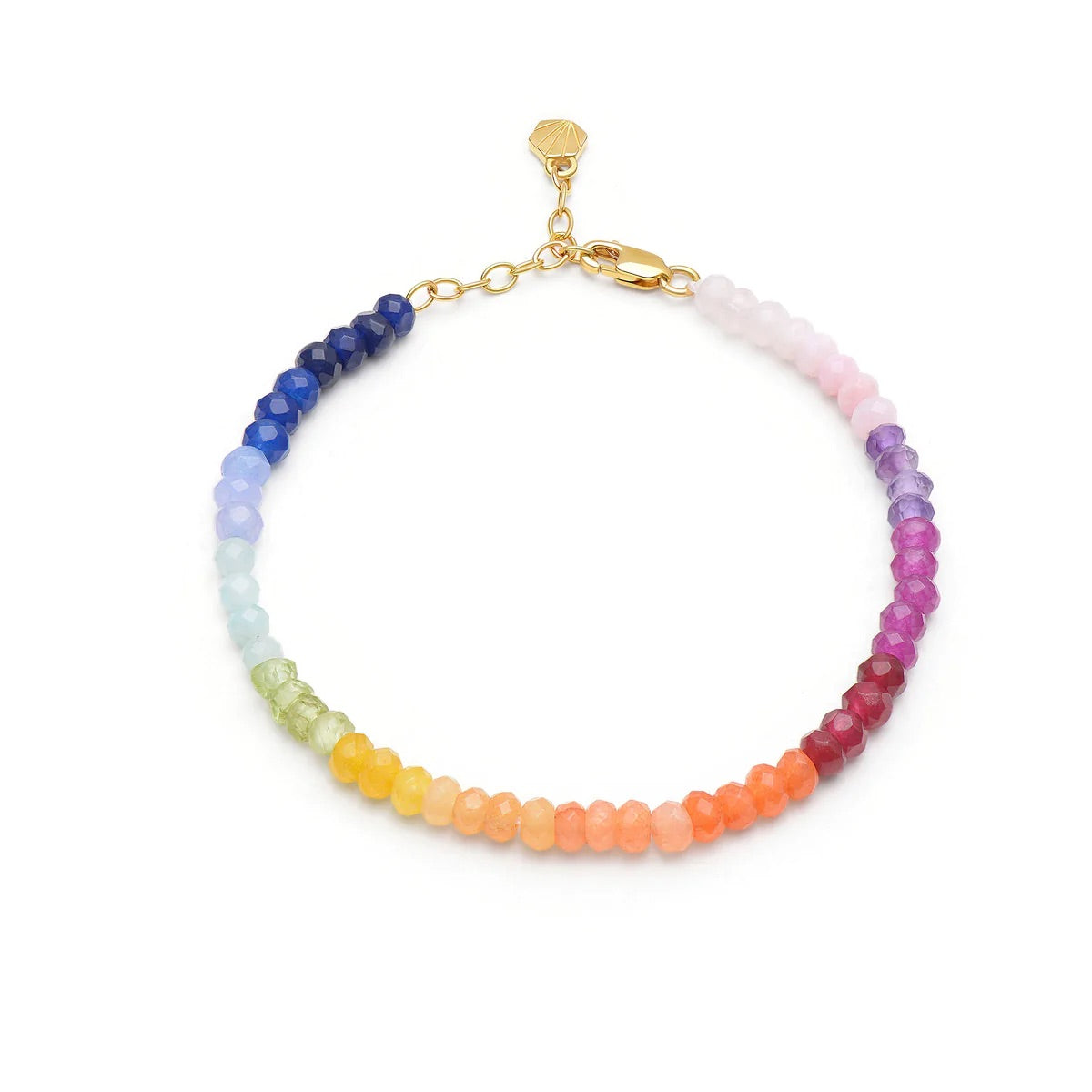 An adjustable length rainbow gemstone anklet with a gold chain and semi-precious stones, called the Rainbow Gemstone Anklet - Sunset by Rachel Jackson London.