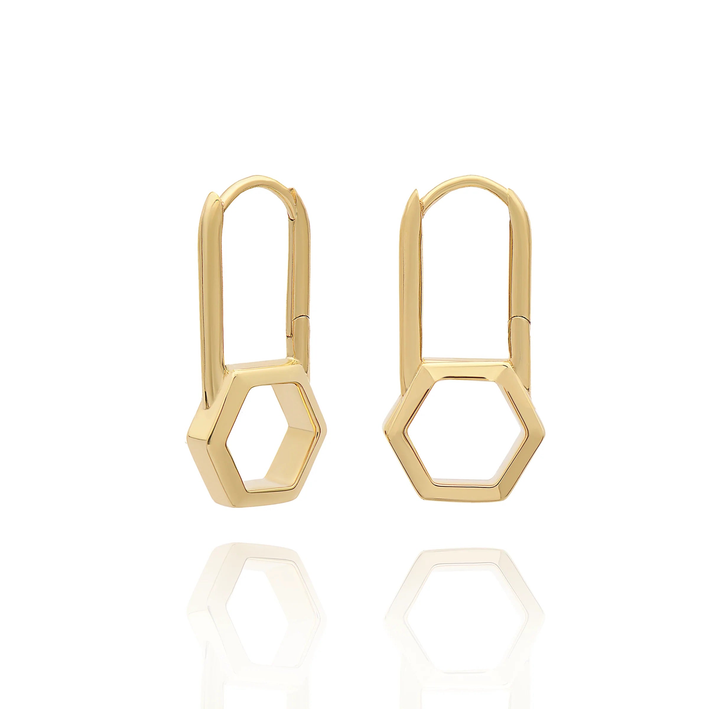 A pair of Hex Padlock Hoop Earrings - Gold with latch back closures by Rachel Jackson.