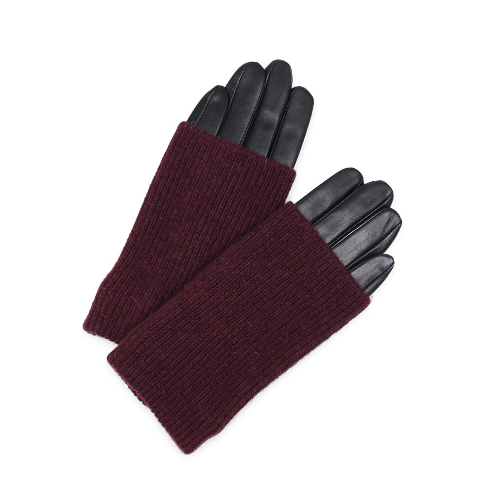 A pair of Helly Leather Gloves - Black/Burgundy by Markberg crafted using sustainable leather production techniques, with smartphone compatibility, against a white background.