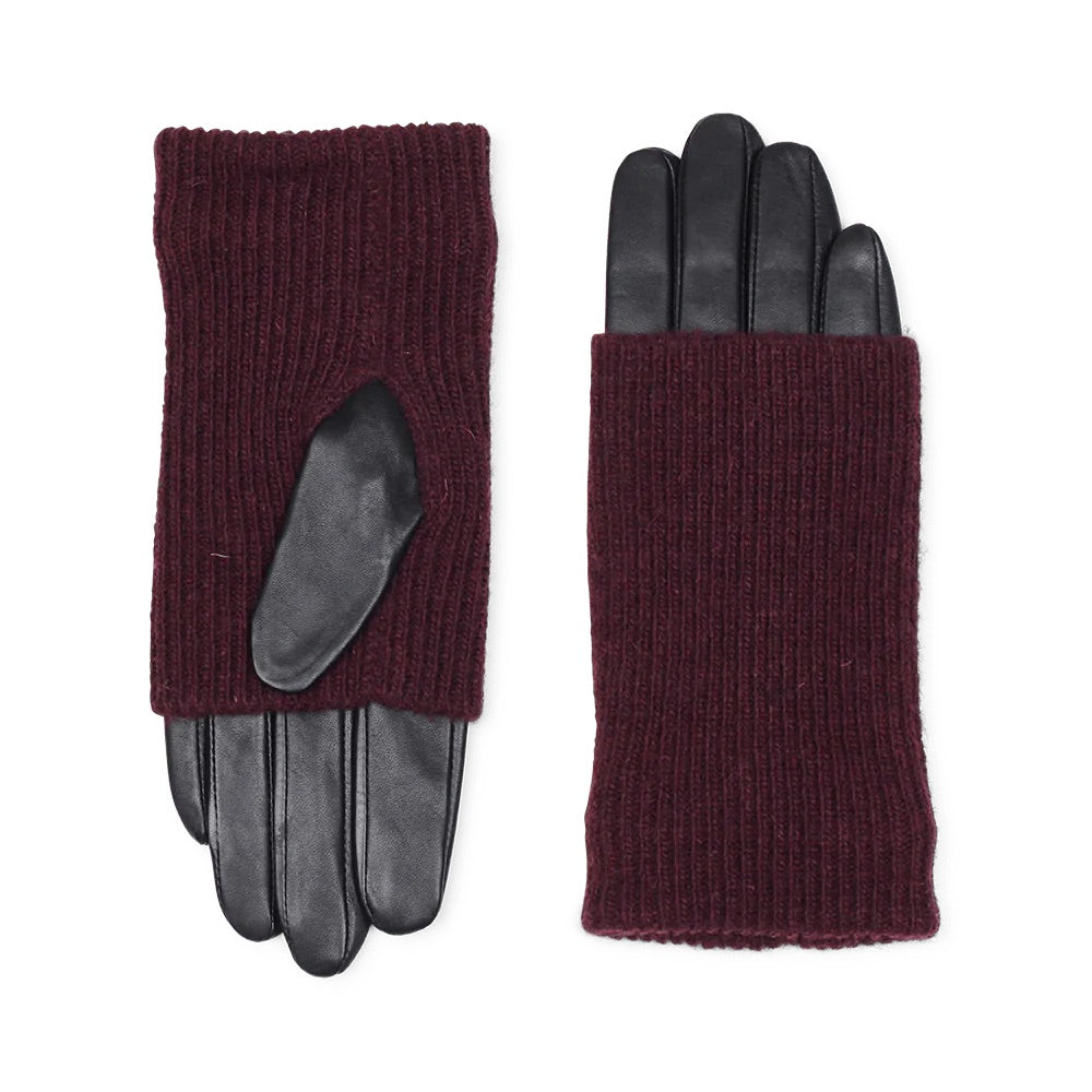 A pair of Markberg Helly Leather Gloves in black and burgundy, featuring smartphone compatibility.