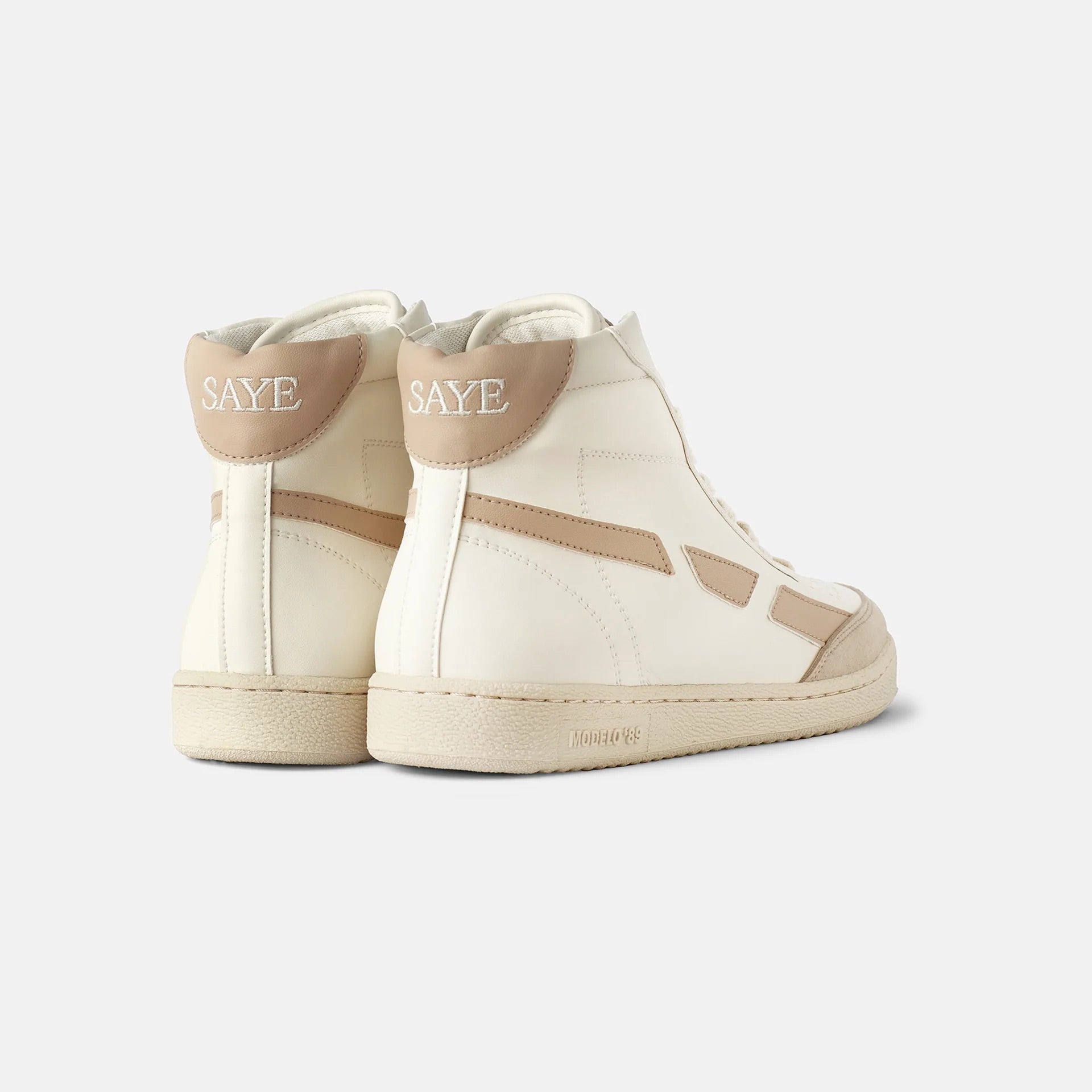 A pair of SAYE Modelo '89 Hi Sneakers - Beige with the word "save" on them.