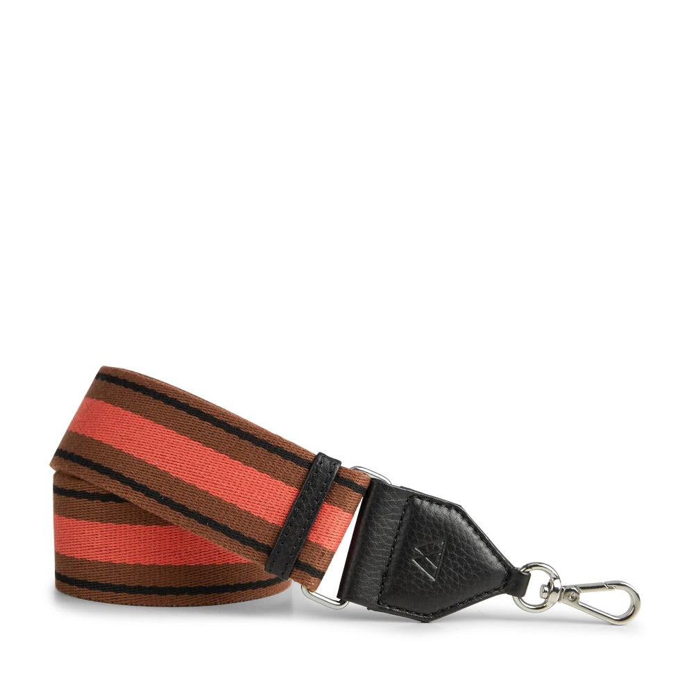 A sustainable Markberg brown and orange striped lanyard.