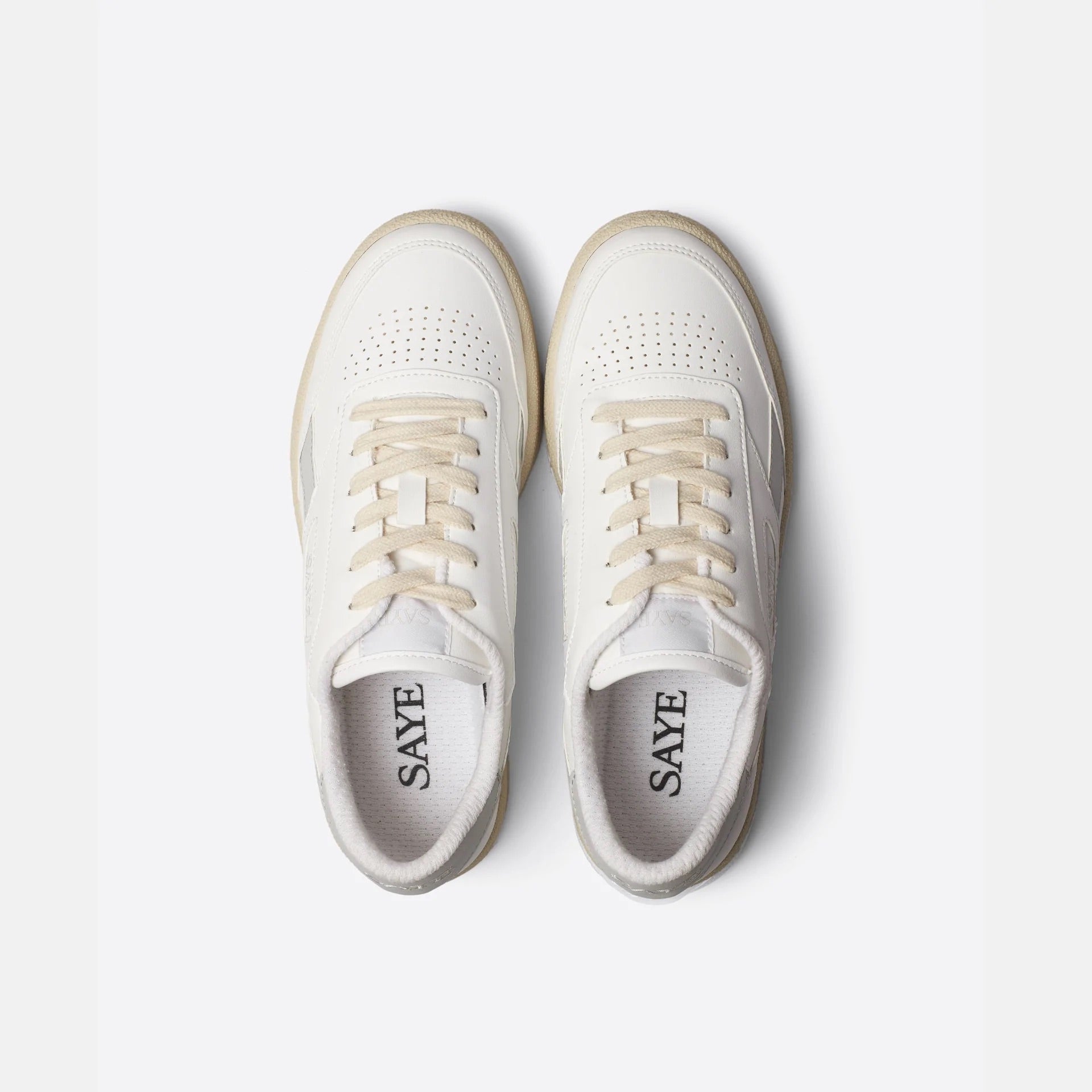 A pair of SAYE Modelo '89 Sneakers - Grey made from recycled materials on a white surface.