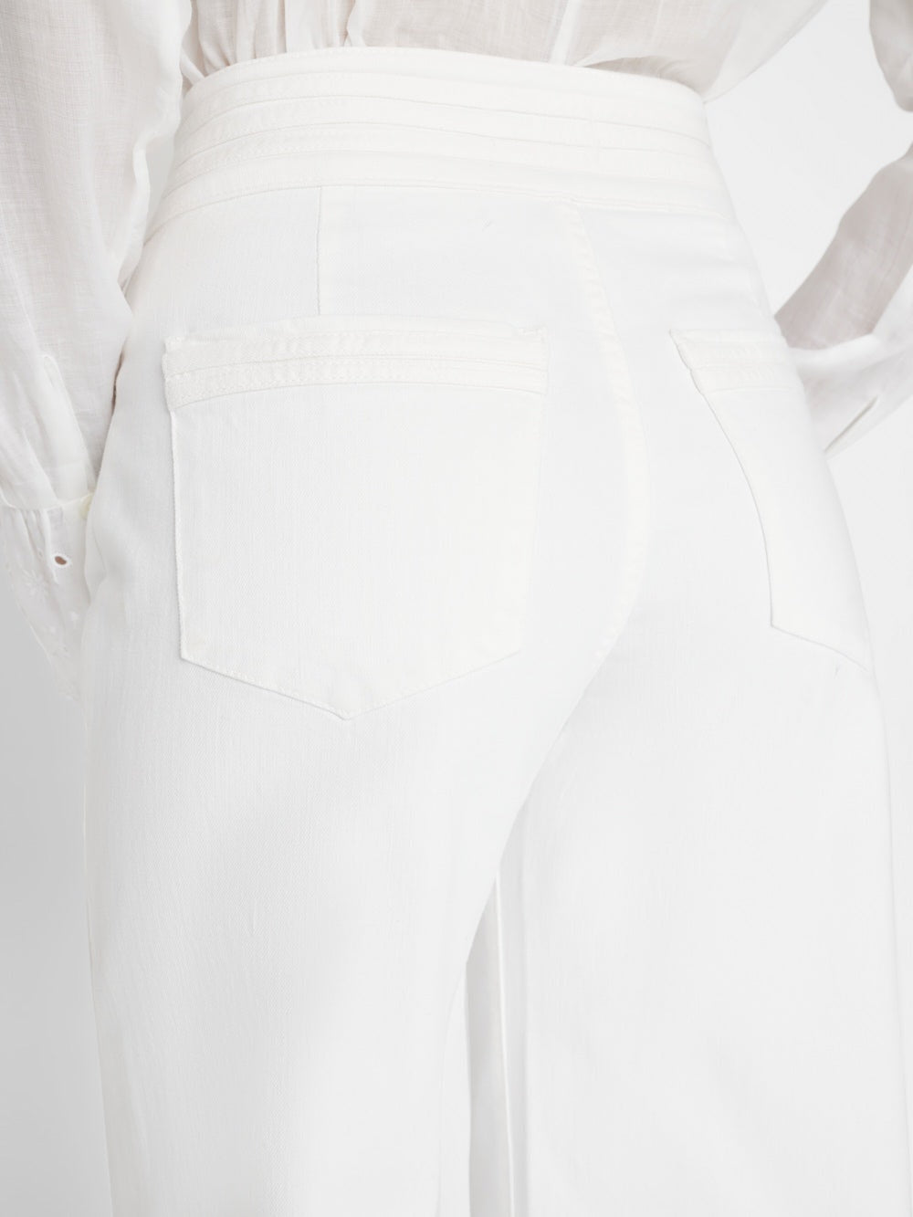 The Frame Triple Stitch Wide Leg - Blanc, a high-rise wide-leg jean in premium super stretch denim, showcasing a double-button waistband, is designed with a classic white hue that beautifully enhances the allure of a woman's back.