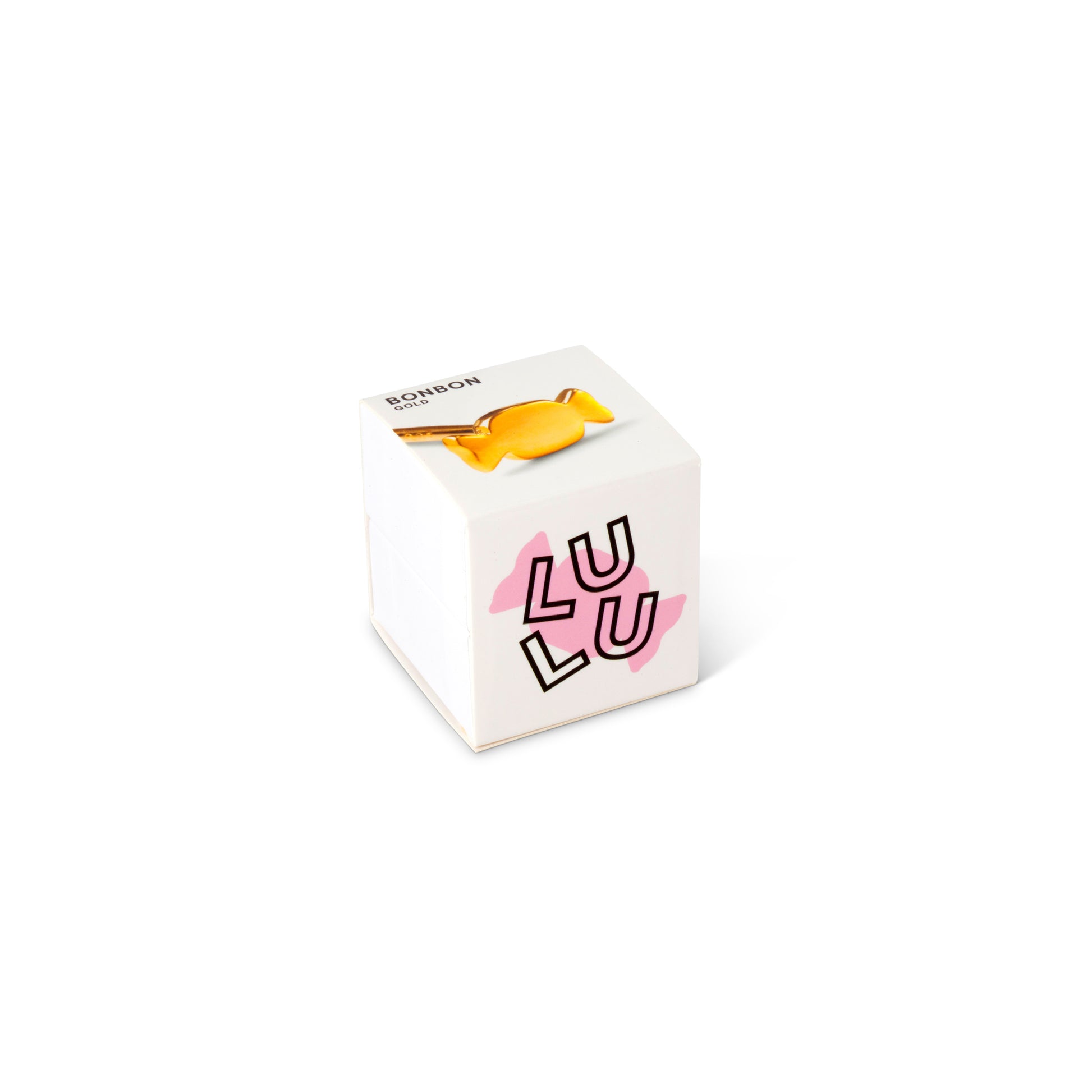 A white box with the word Lulu Copenhagen on it, containing BonBon Single Stud - Gold plated earrings.