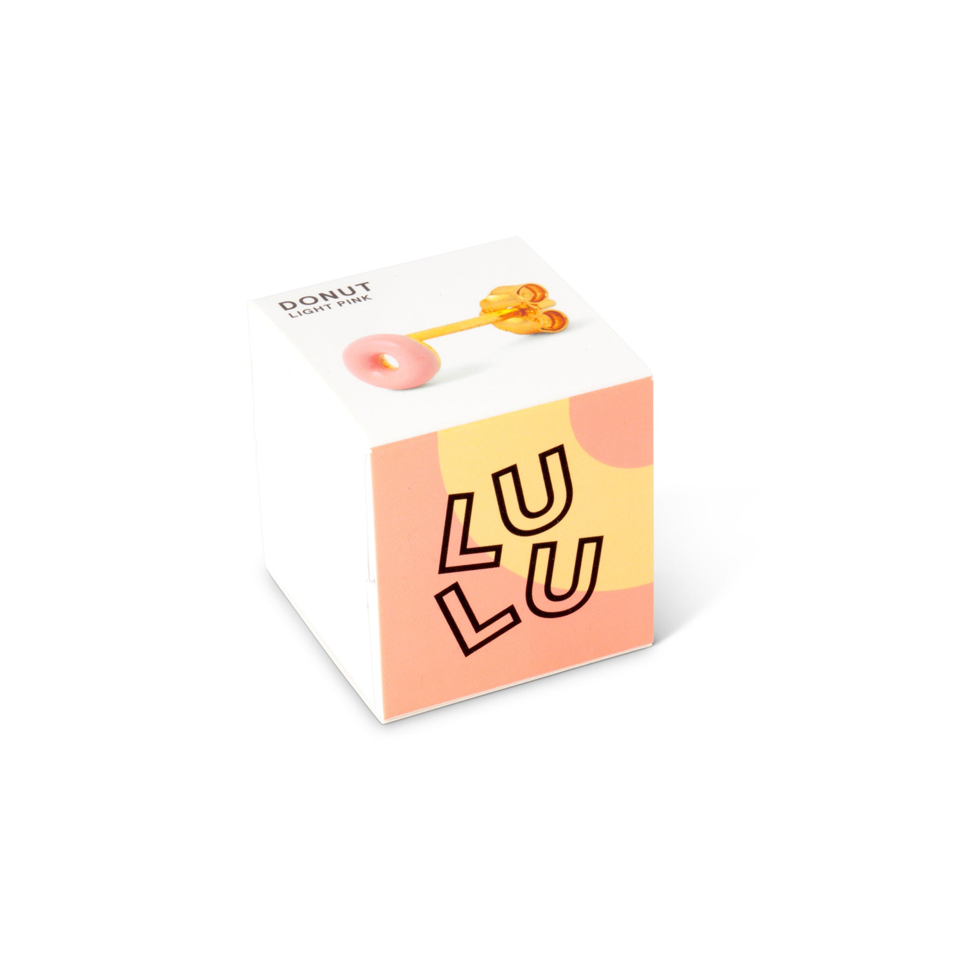 A gold plated box with the word Donut Single Stud - Light Pink by Lulu Copenhagen on it.