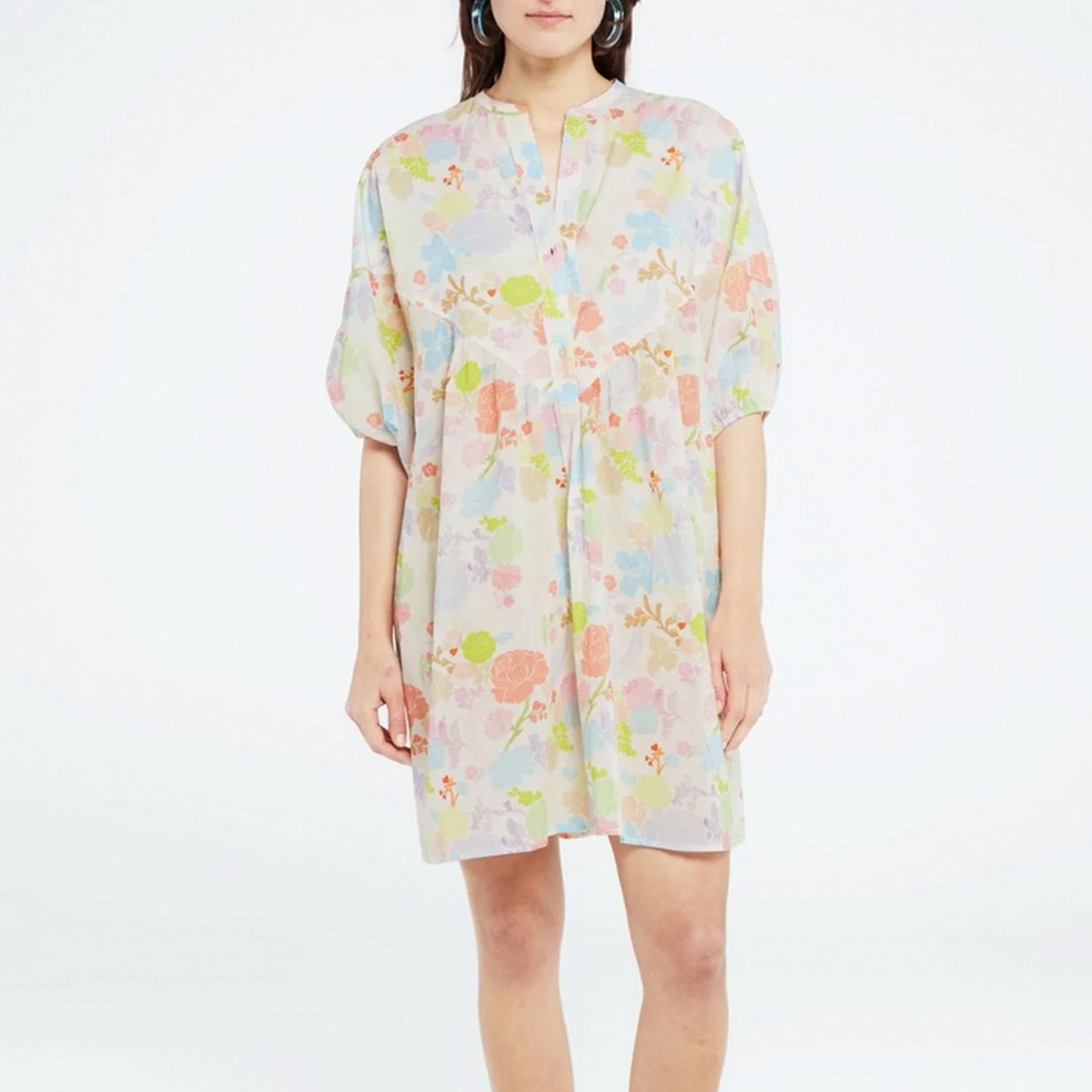 A sustainable Fabienne Chapot woman's beach cover-up, the Dover Dress - Caribbean Mini, made with organic cotton and featuring a floral print.