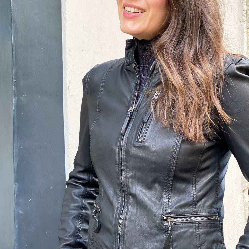Adele wears the MDK Ruci leather biker jacket in black 
