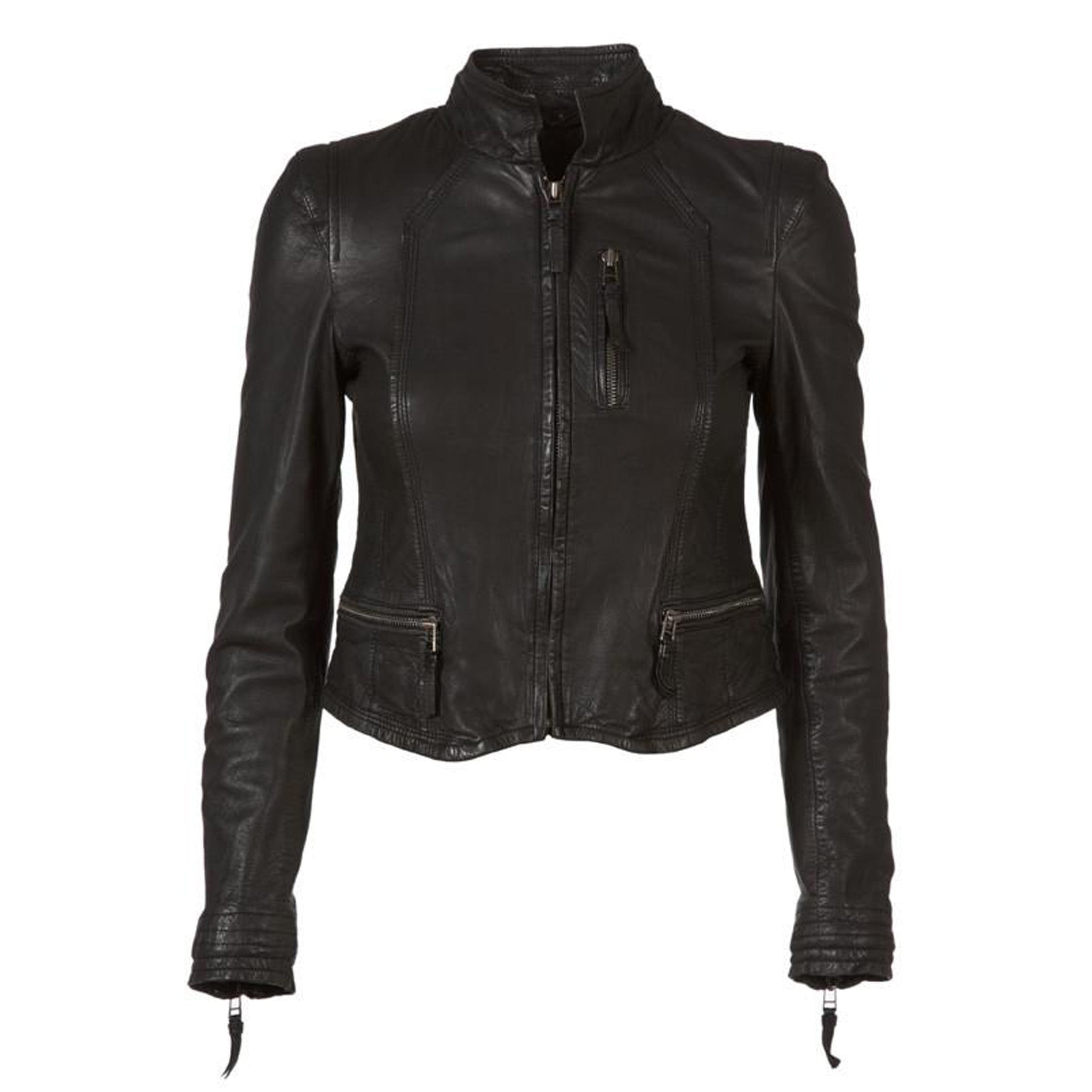 A women's fitted, MDK black Leather Rucy Jacket.