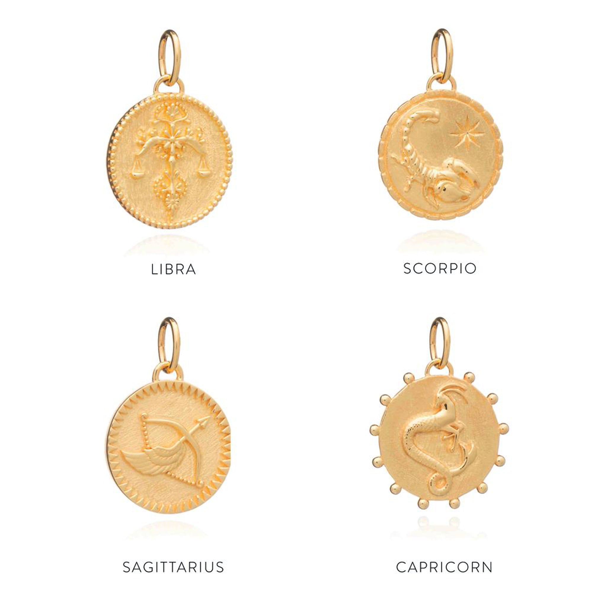 Introducing the stunning Zodiac Art Coin Necklace - Gold by Rachel Jackson London, featuring exquisite zodiac pendants inspired by the captivating Zodiac Chart. Elevate your style with these intricate zodiac designs that perfectly encapsulate the essence of each.