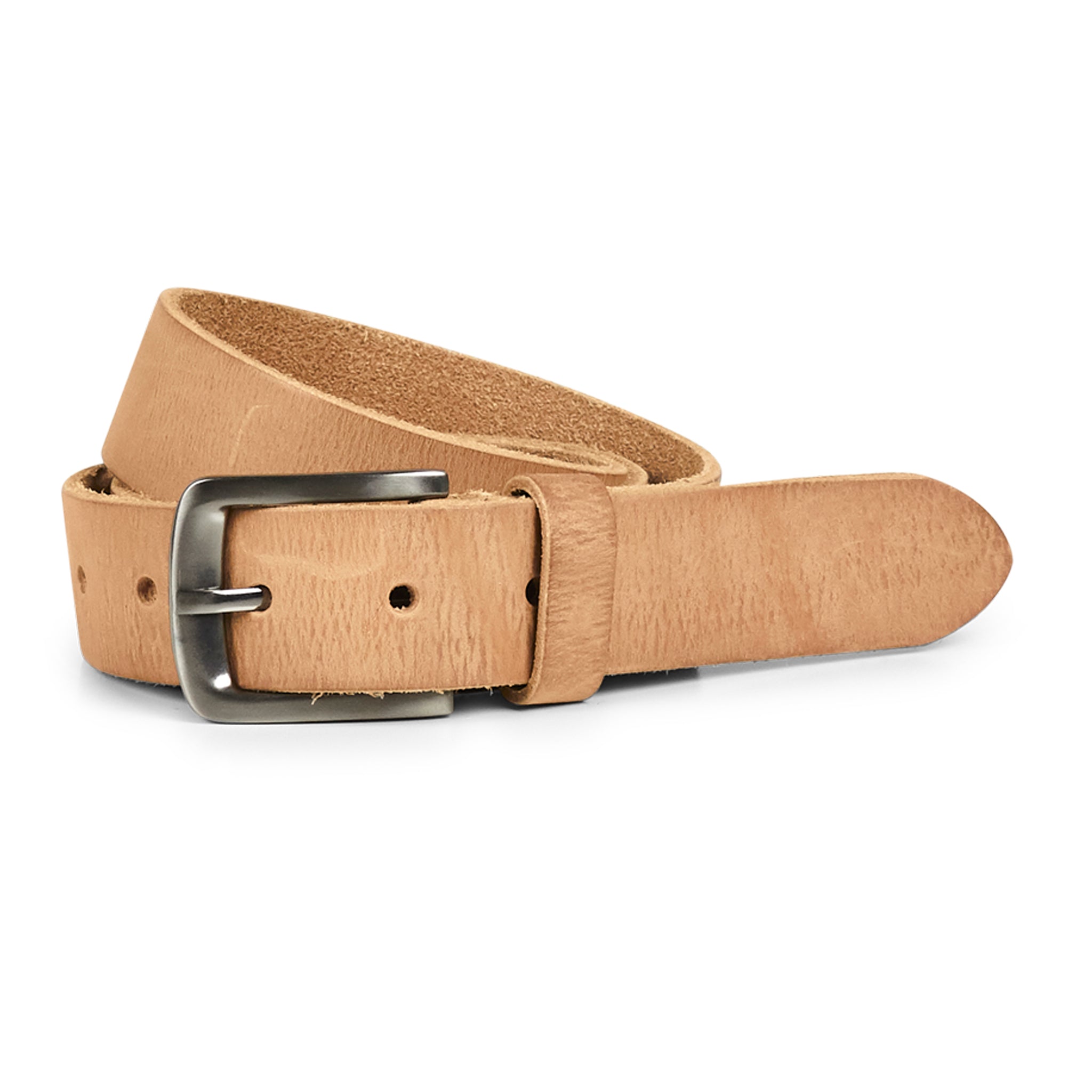 A distressed SharinMBG Belt - Camel by Markberg with a buckle on a white background.
