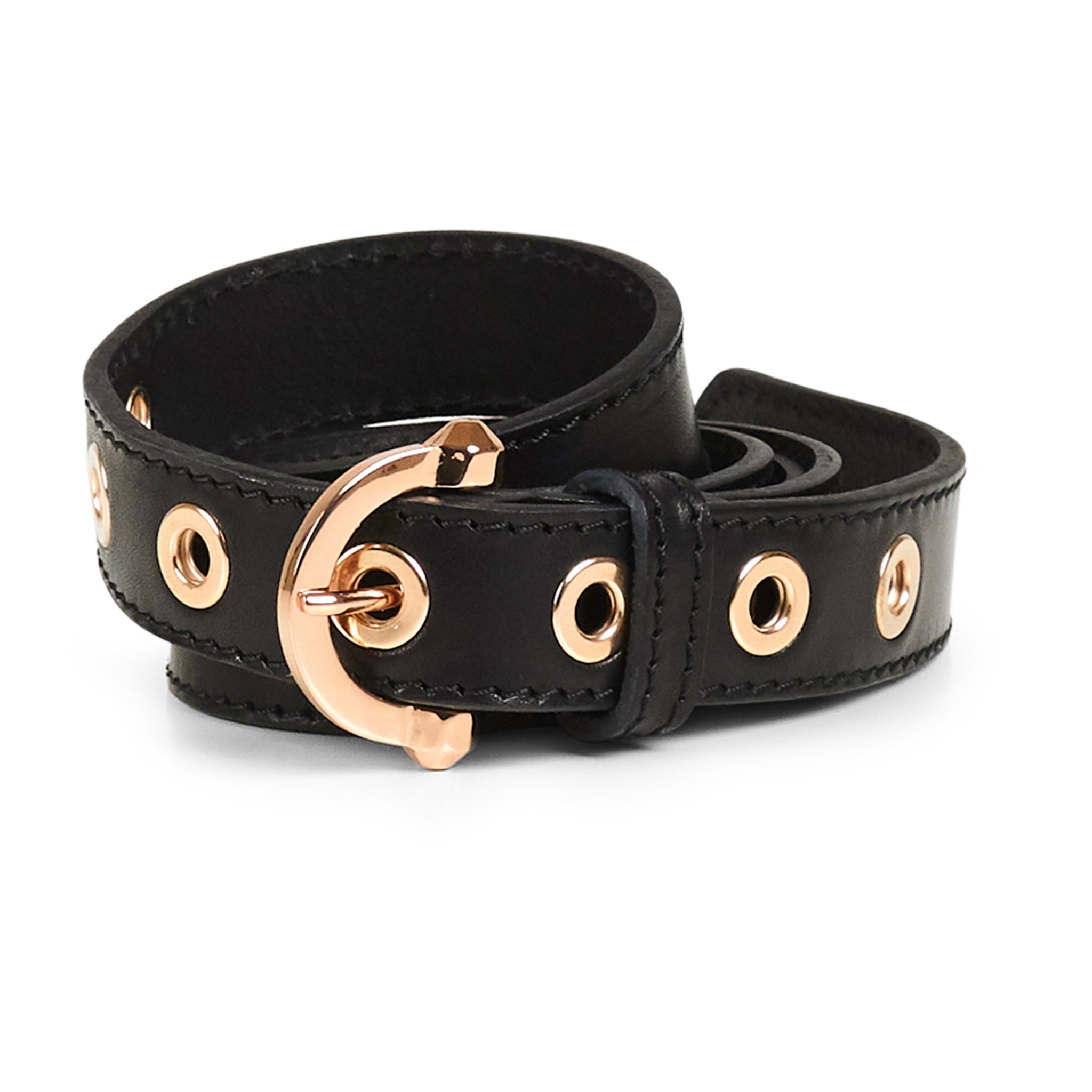 A slim Markberg black leather belt with a rose gold buckle handmade in Italy, TheodoraMBG Belt - Black/Rose Gold.