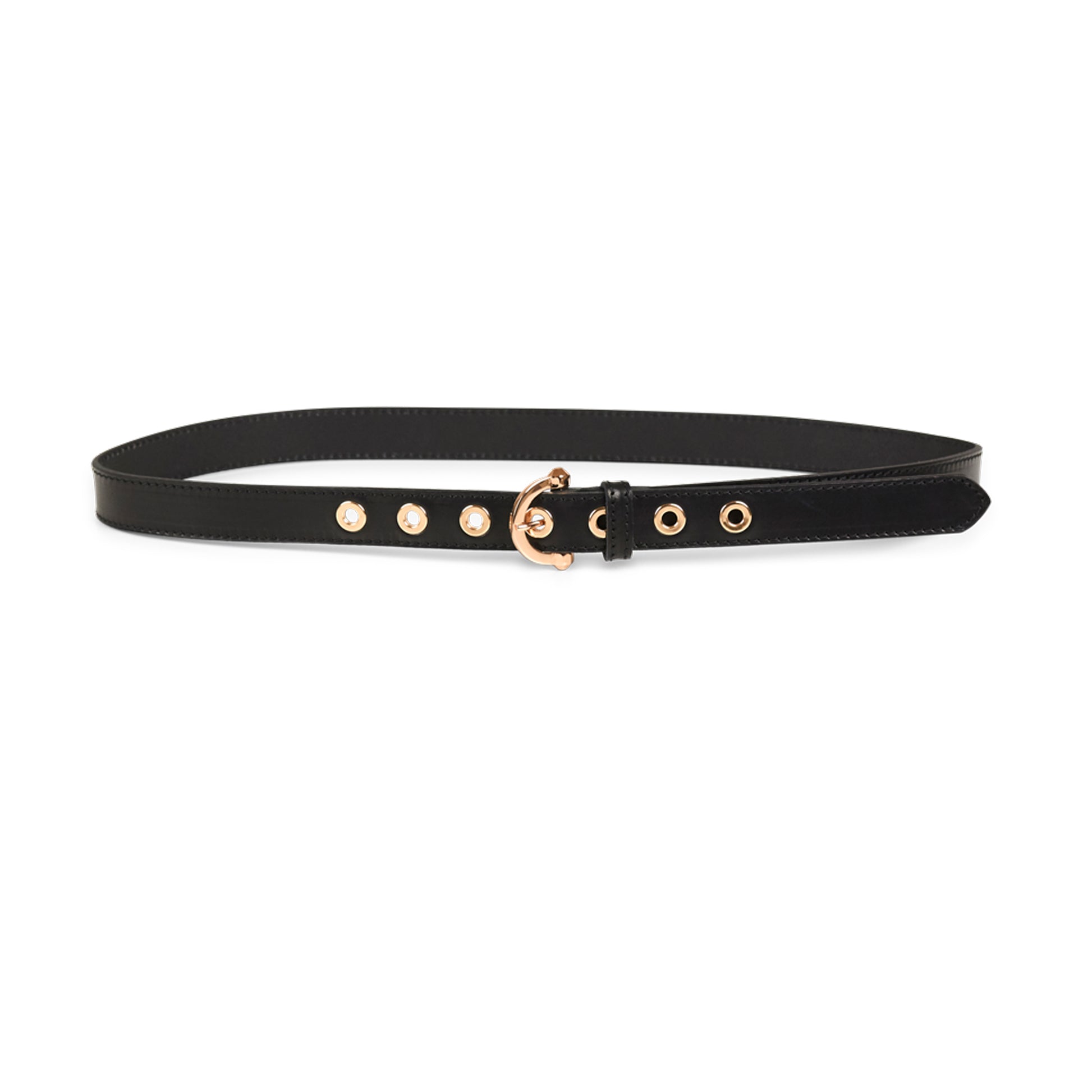A slim TheodoraMBG belt - Black/Rose Gold by Markberg with a gold buckle.
