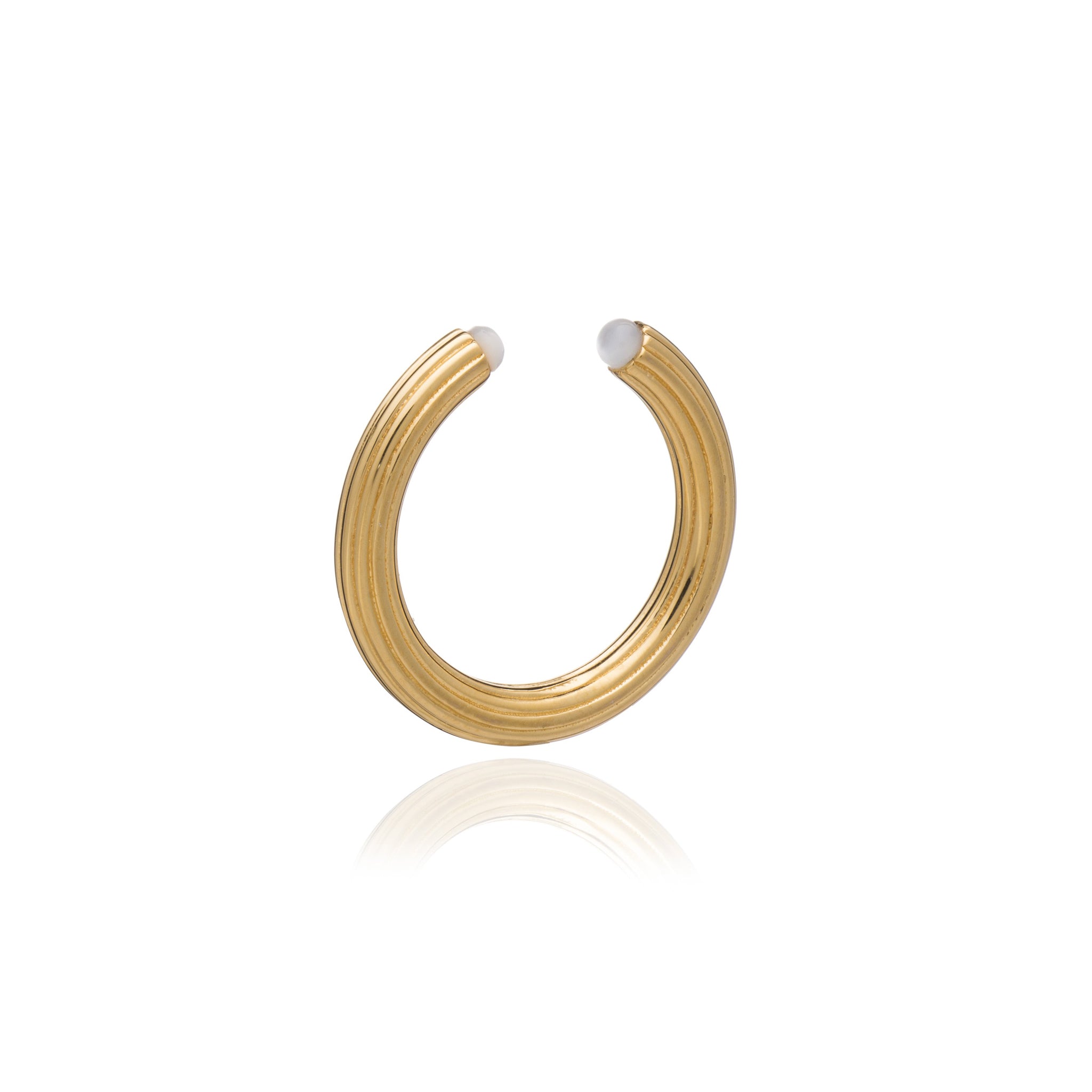 An Open Ridged Mother of Pearl Ring - Gold adorned with Mother of Pearl stones on a white background from Rachel Jackson London.